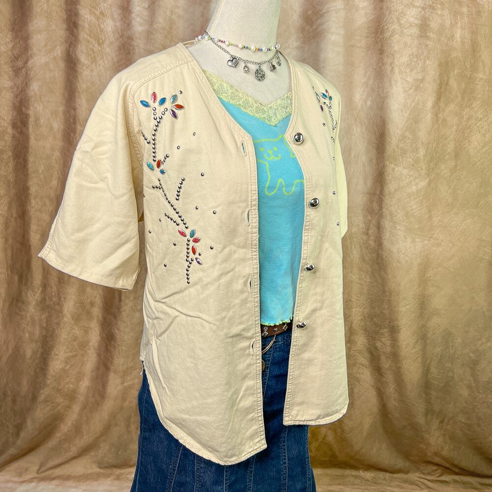 Vintage Beaded Shirt 90s Floral Stone Rhinestone Button Up Grandma Boho Western